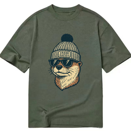 Grand Rapids River Otter wearing Grand Rapids beanie with pom pom and wayfarer - Classic T-shirt - Army Green