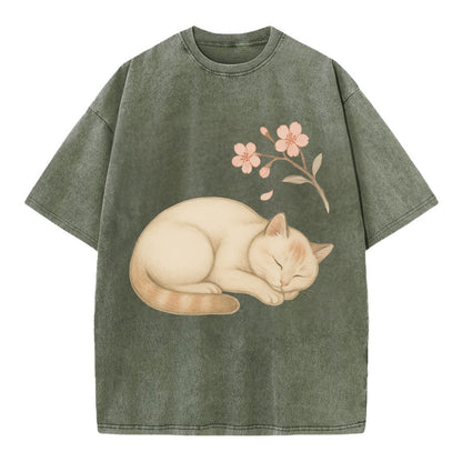 Zen Garden Cat  - Vintage T-shirt - Army Green