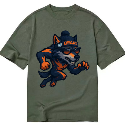 Chicago Wolf wearing Bears beanie with Lake Michigan patch and wayfarer sunglasses - Classic T-shirt - Army Green
