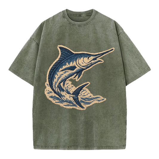 SWORDFISH MARLIN - leaping marlin in blue and silver , sport fishing - Vintage T-shirt - Army Green