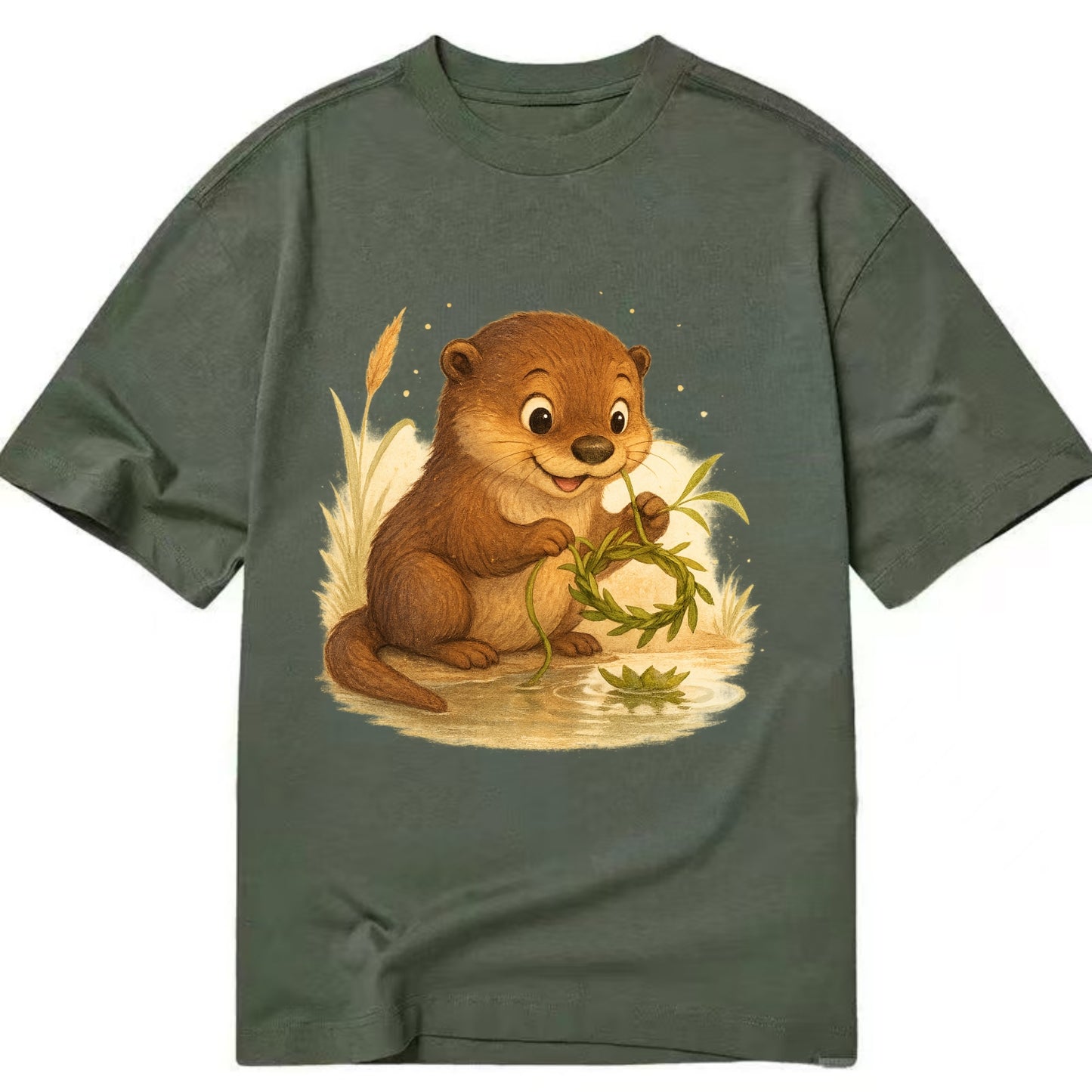 Otter weaving river reeds into a floating crown beside mirror-still water - Classic T-shirt - Army Green