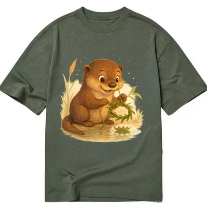 Otter weaving river reeds into a floating crown beside mirror-still water - Classic T-shirt - Army Green