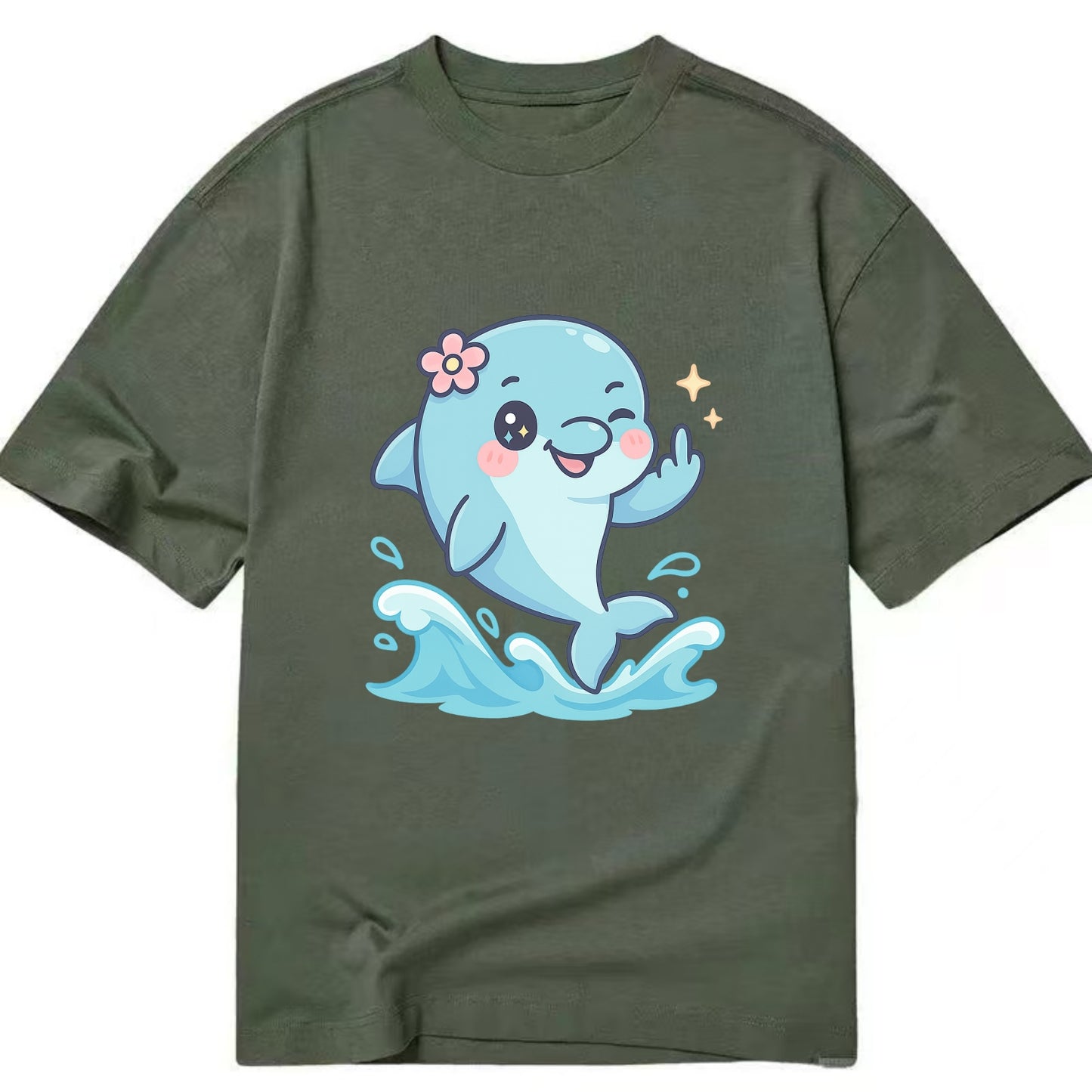 smiling dolphin jumping through ocean waves, one fin up with attitude - Classic T-shirt - Army Green