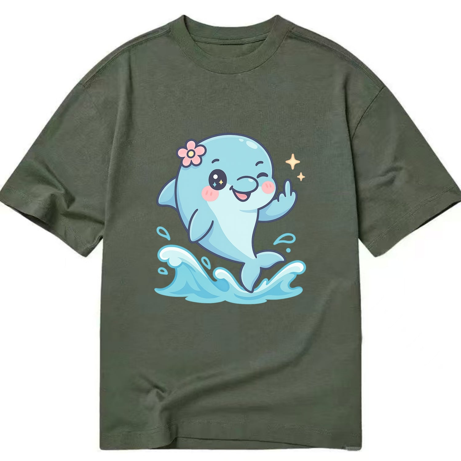 smiling dolphin jumping through ocean waves, one fin up with attitude - Classic T-shirt - Army Green