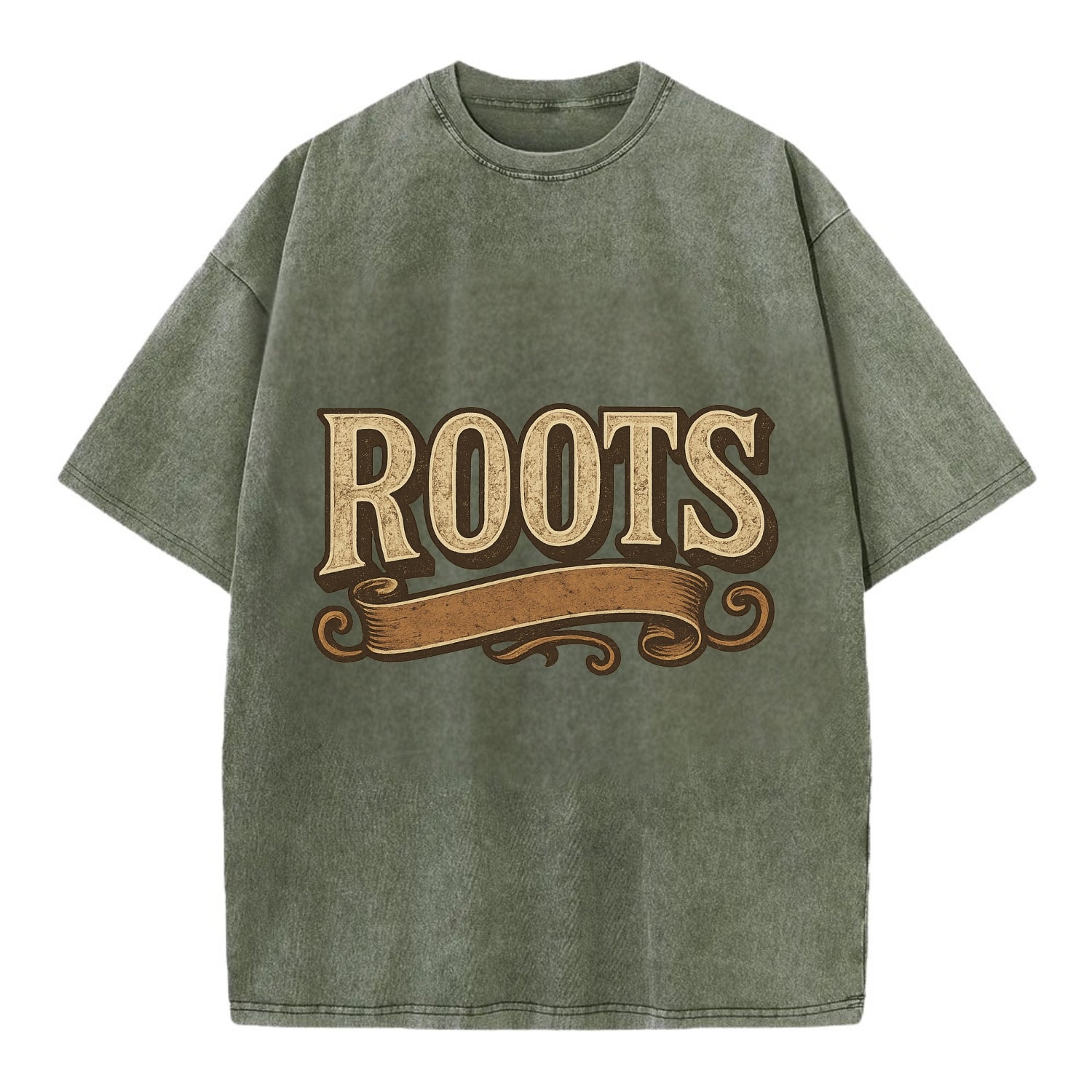 Bold typography design - "ROOTS" - where you come from, heritage - Vintage T-shirt - Army Green