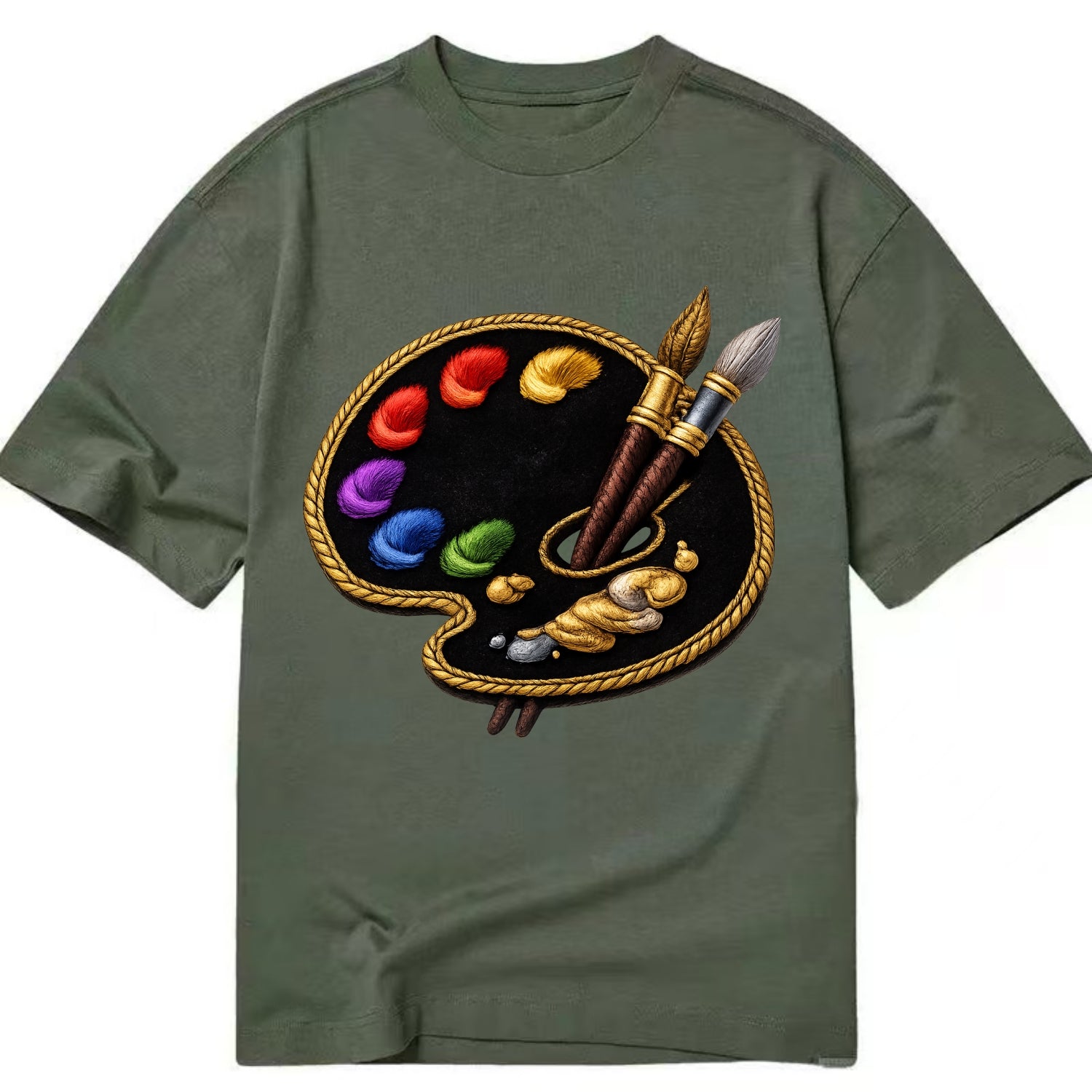 Embroidered patch design - PAINT PALETTE - artist palette with brushes in rainbow - Classic T-shirt - Army Green