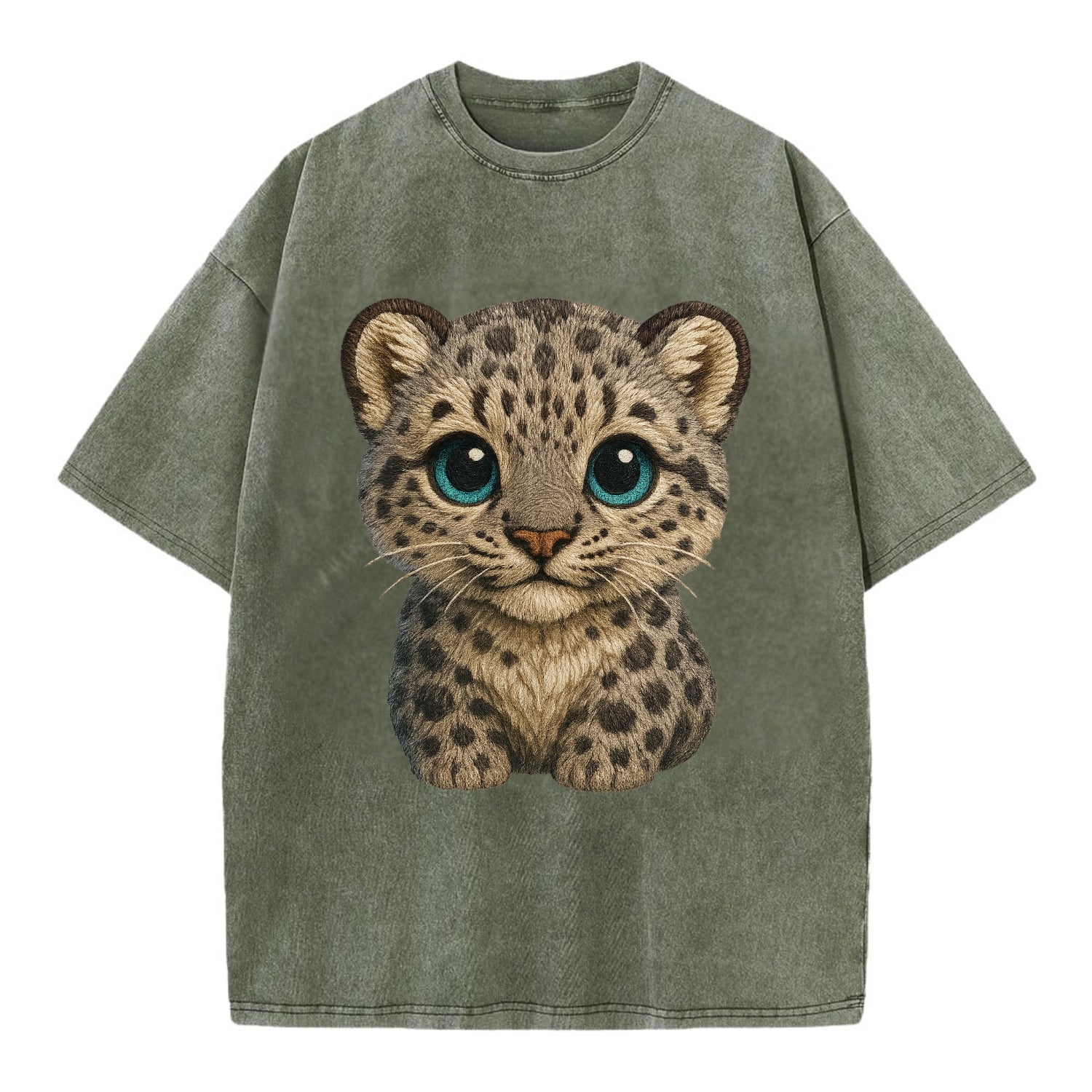 Baby Snow Leopard Cub - gray spotted, thick fur, blue-green eyes, front-facing, - Vintage T-shirt - Army Green