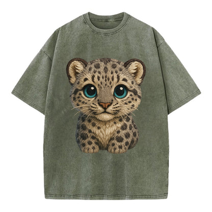 Baby Snow Leopard Cub - gray spotted, thick fur, blue-green eyes, front-facing, - Vintage T-shirt - Army Green