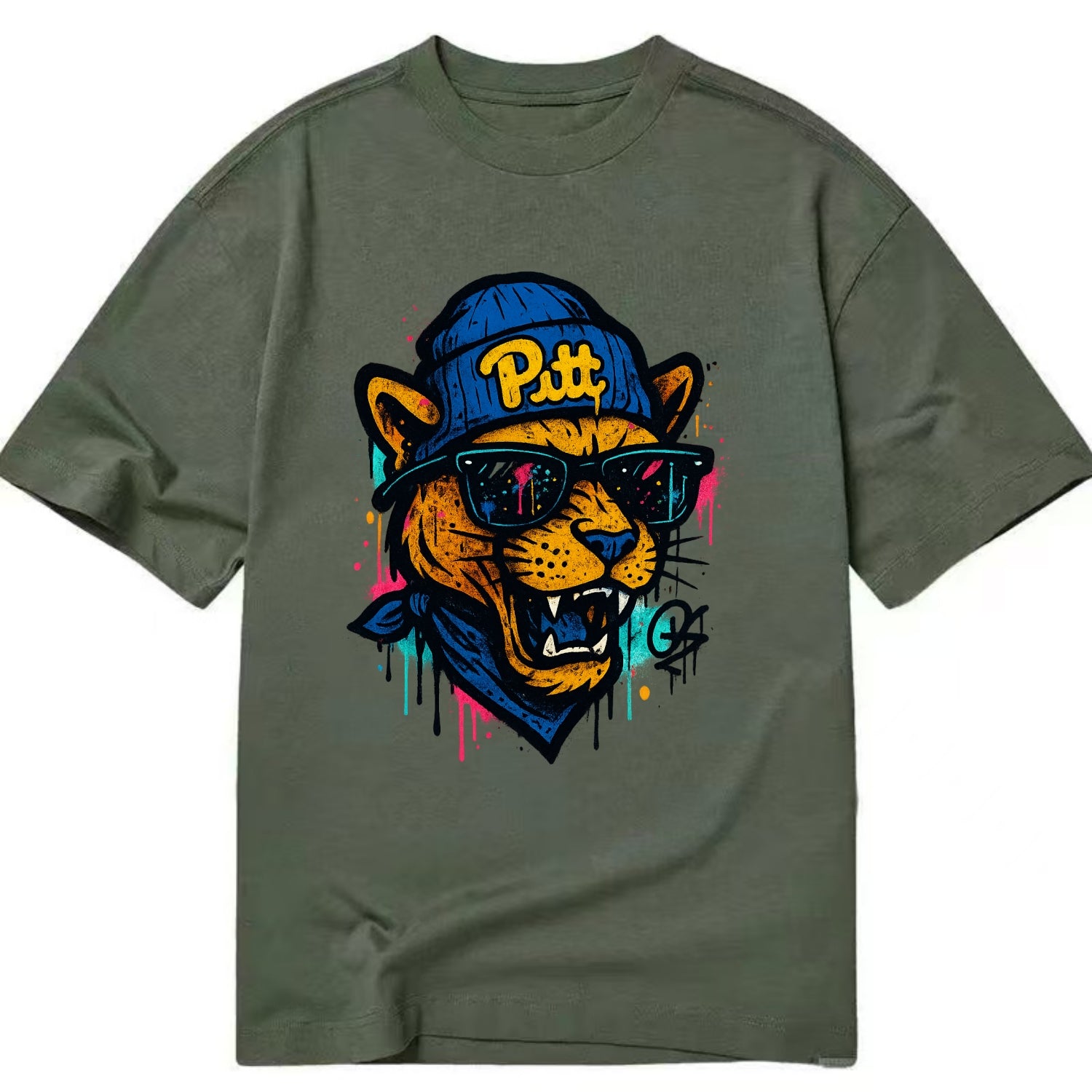 Pittsburgh Panther wearing Pitt beanie with script patch - Classic T-shirt - Army Green