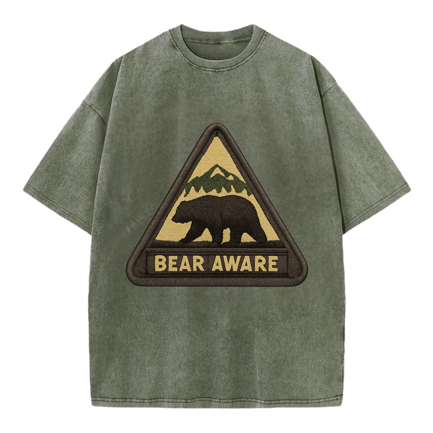 BEAR AWARE - bear silhouette warning in brown and yellow , wilderness safety - Vintage T-shirt - Army Green