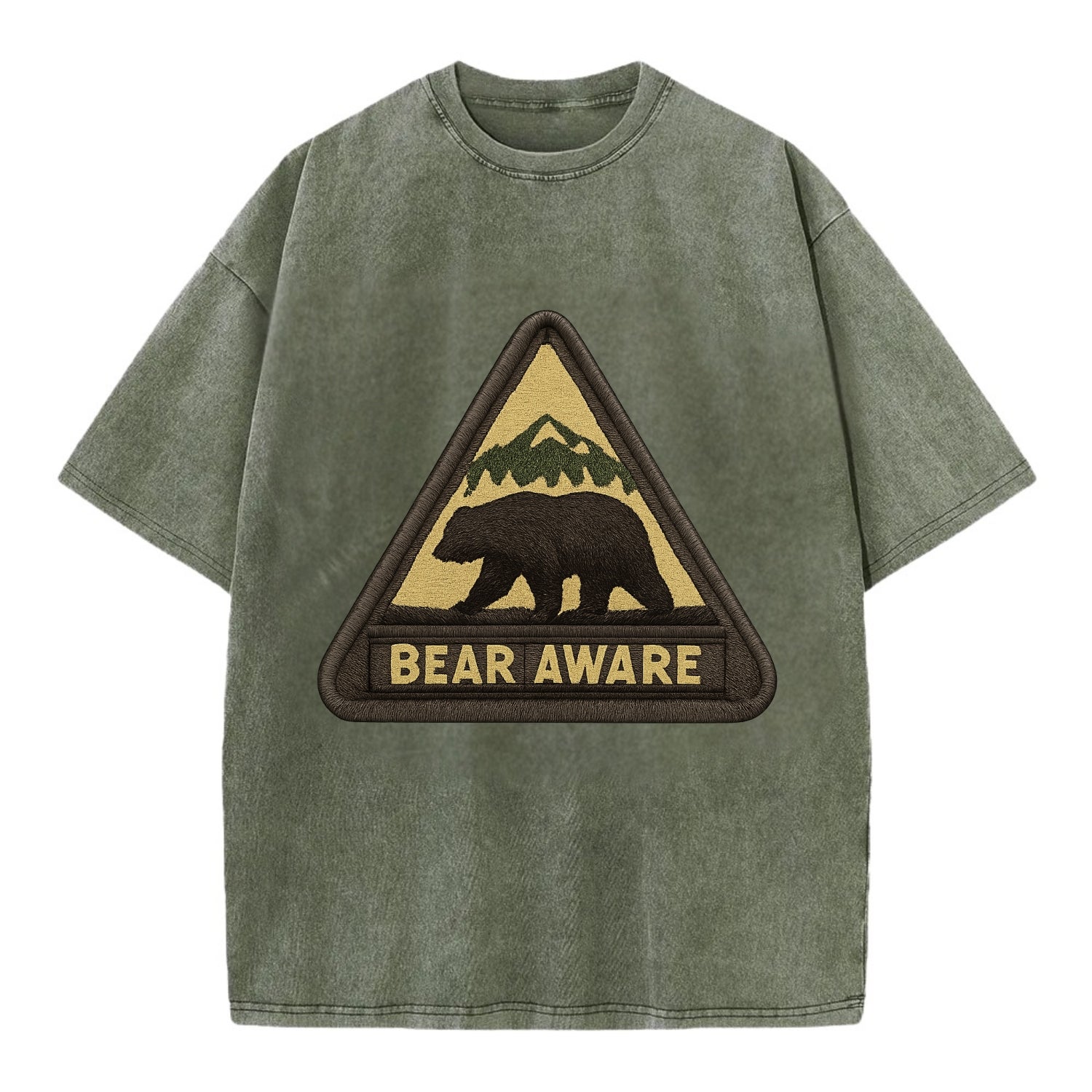 BEAR AWARE - bear silhouette warning in brown and yellow , wilderness safety - Vintage T-shirt - Army Green