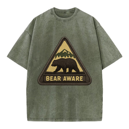 BEAR AWARE - bear silhouette warning in brown and yellow , wilderness safety - Vintage T-shirt - Army Green