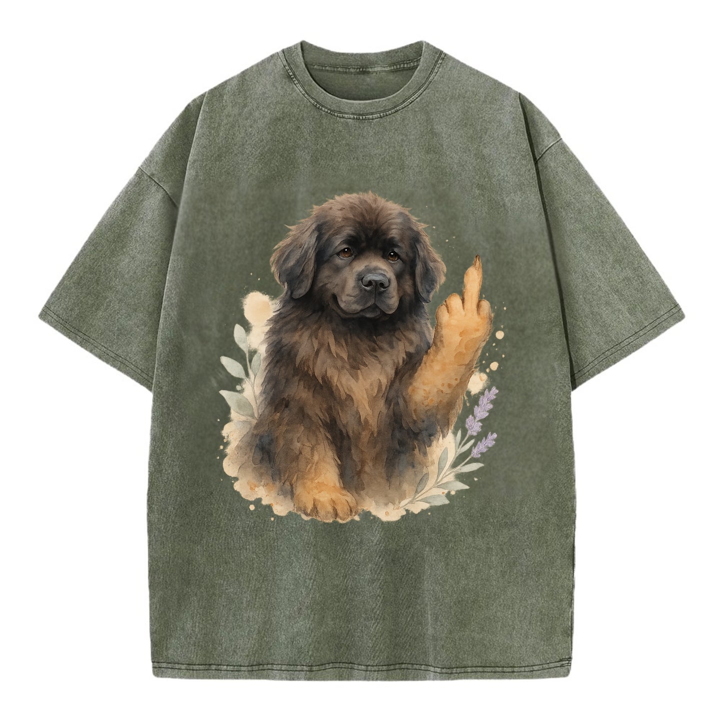 Newfoundland fluffy bear-like with webbed paws, massive gentle paw up - Vintage T-shirt - Army Green