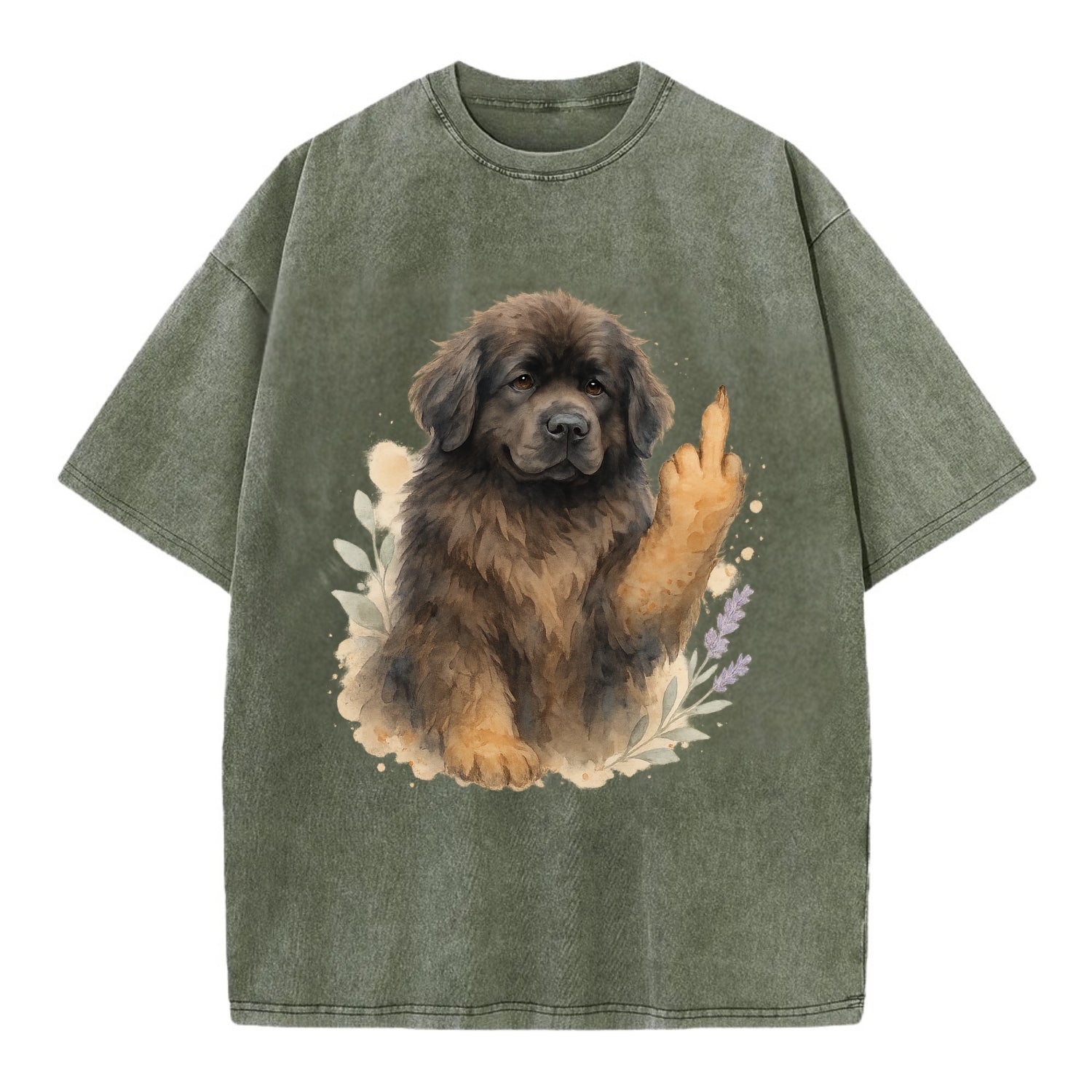 Newfoundland fluffy bear-like with webbed paws, massive gentle paw up - Vintage T-shirt - Army Green