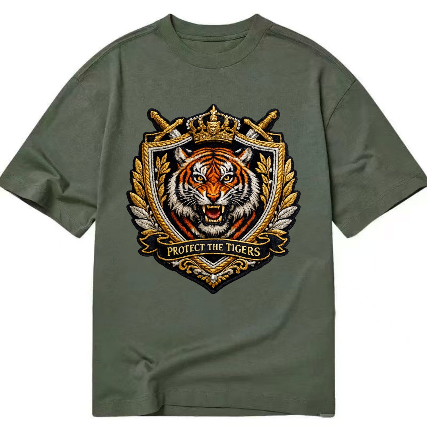 PROTECT THE TIGERS - tiger with shield in orange , big cat conservation - Classic T-shirt - Army Green