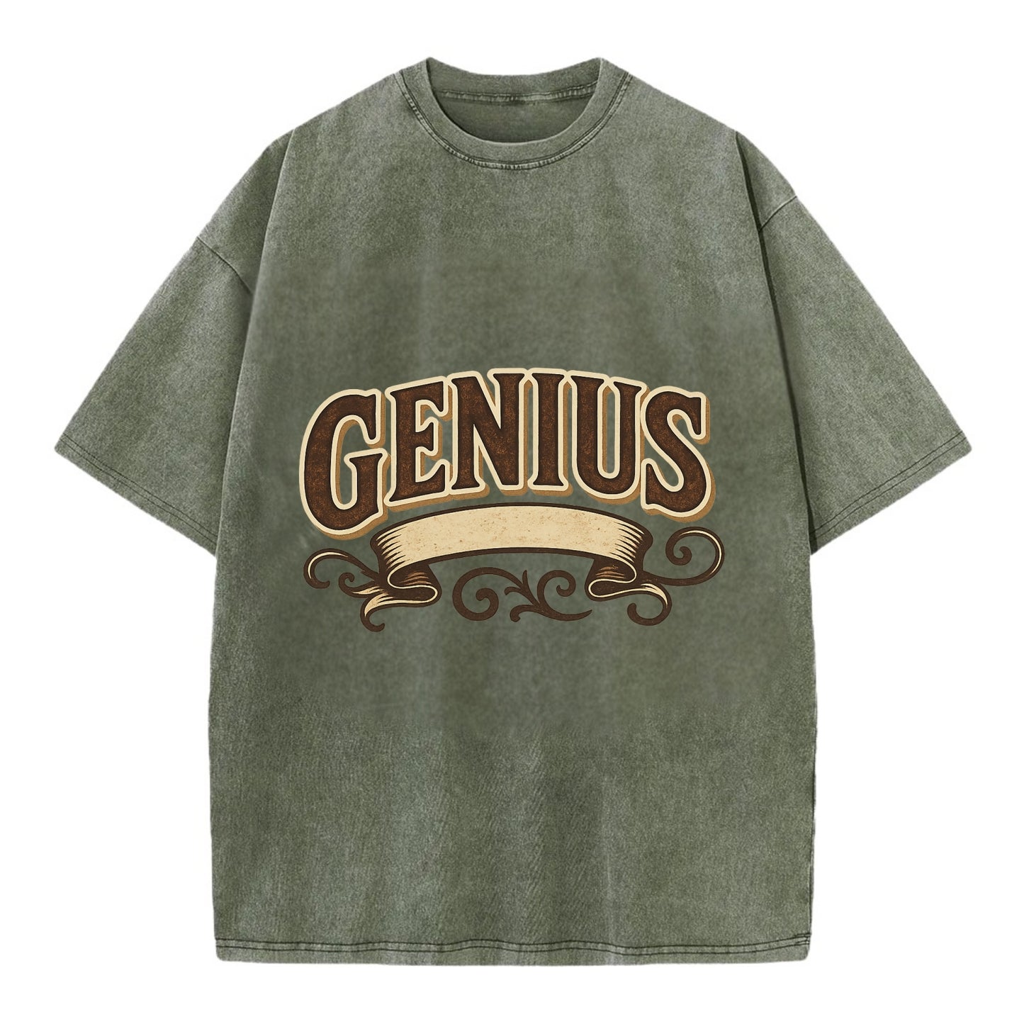 Bold typography design - "GENIUS" - exceptional intelligence, brilliance - Vintage T-shirt - Army Green