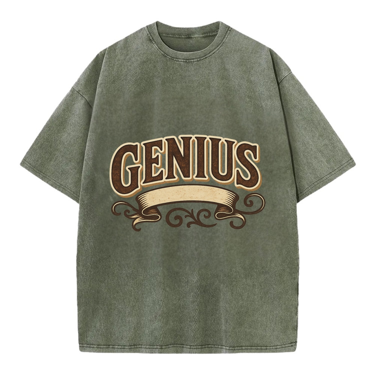 Bold typography design - "GENIUS" - exceptional intelligence, brilliance - Vintage T-shirt - Army Green
