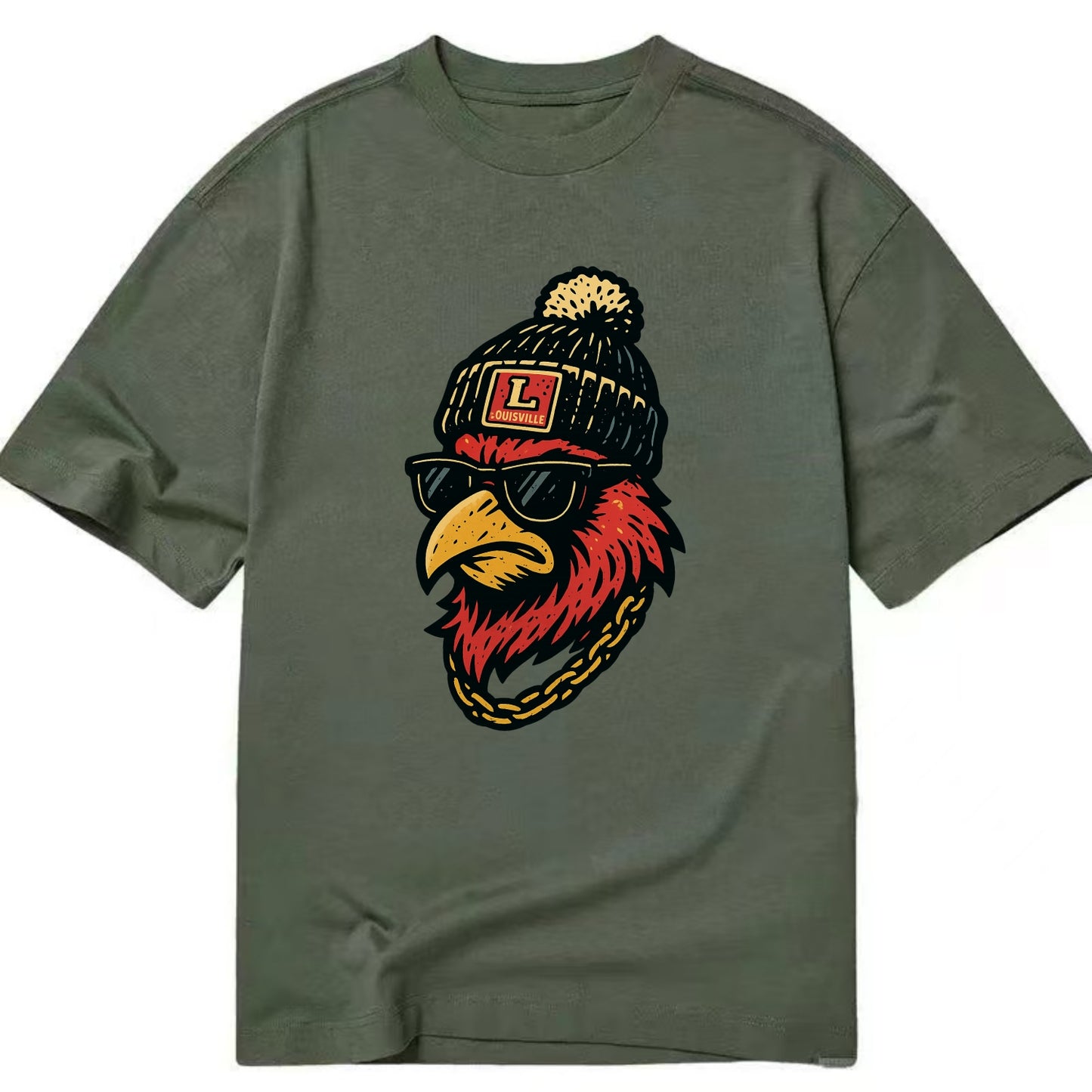 Louisville Cardinal wearing Louisville beanie with L patch - Classic T-shirt - Army Green