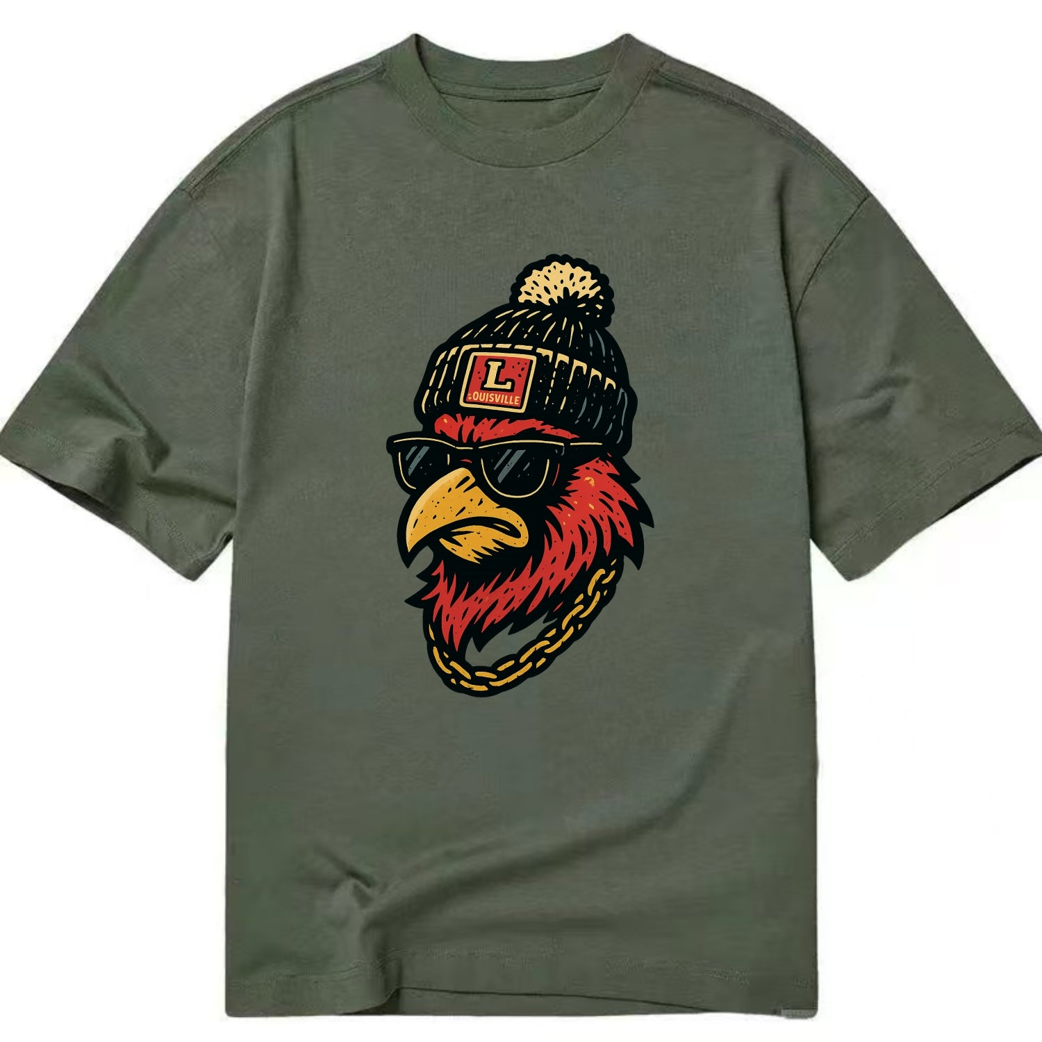 Louisville Cardinal wearing Louisville beanie with L patch - Classic T-shirt - Army Green
