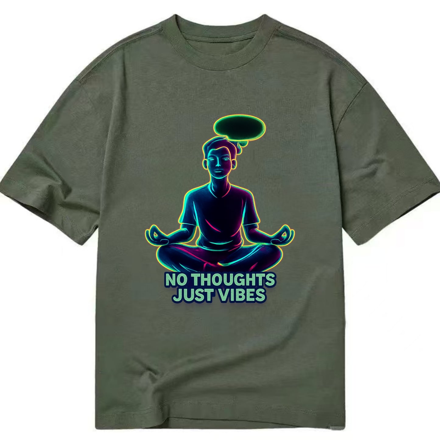 Peaceful floating figure with empty thought bubble - "no thoughts just vibes" zen - Classic T-shirt - Army Green