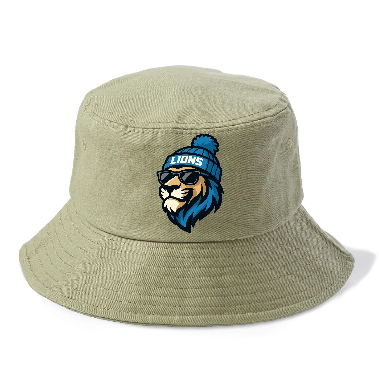 Detroit Lion wearing Lions Honolulu blue and silver beanie with pom pom and wayfarer - Bucket Hat - Army Green