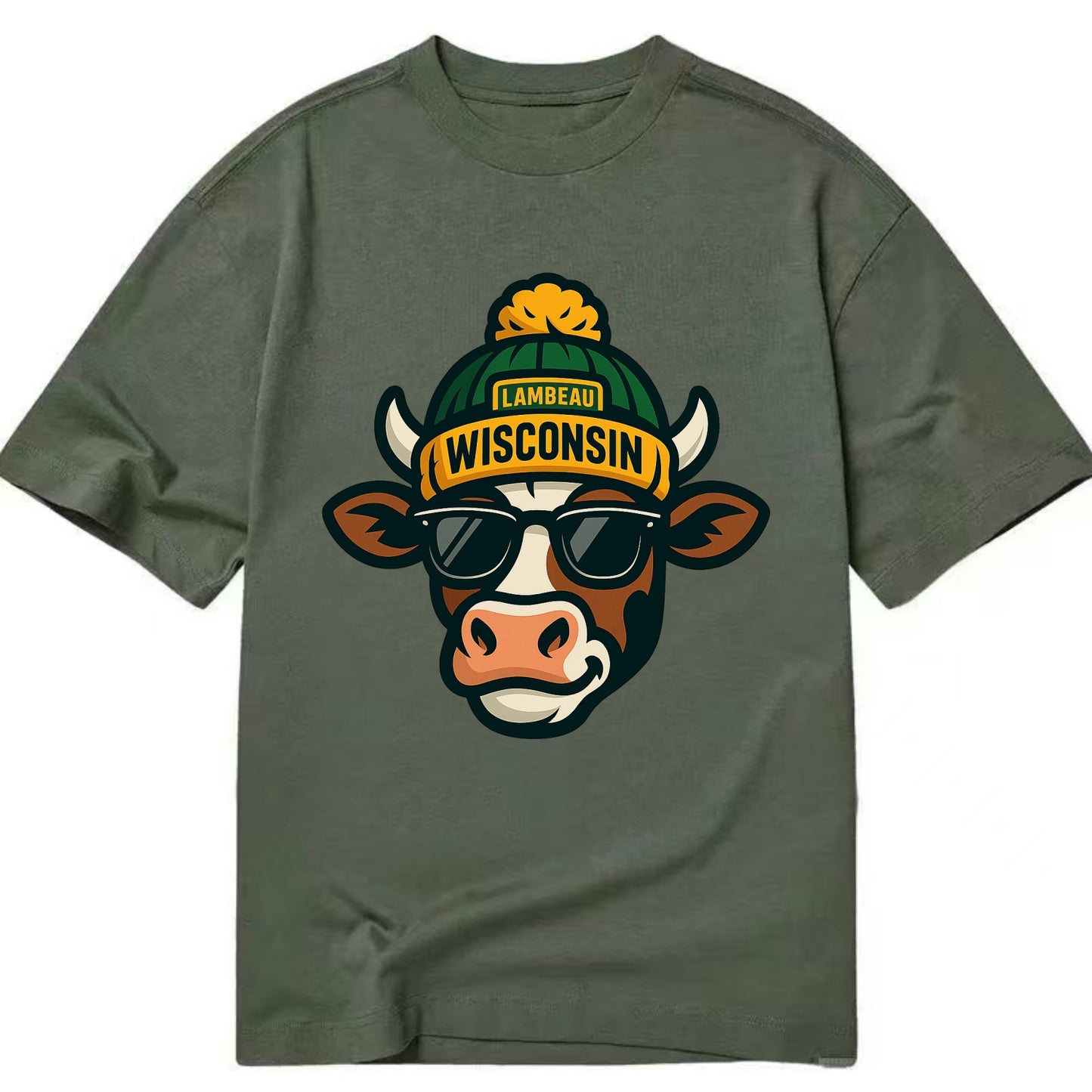Wisconsin Cow wearing Packers beanie with Lambeau patch and wayfarer sunglasses - Classic T-shirt - Army Green