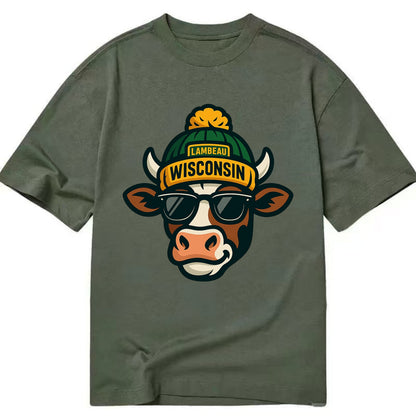 Wisconsin Cow wearing Packers beanie with Lambeau patch and wayfarer sunglasses - Classic T-shirt - Army Green