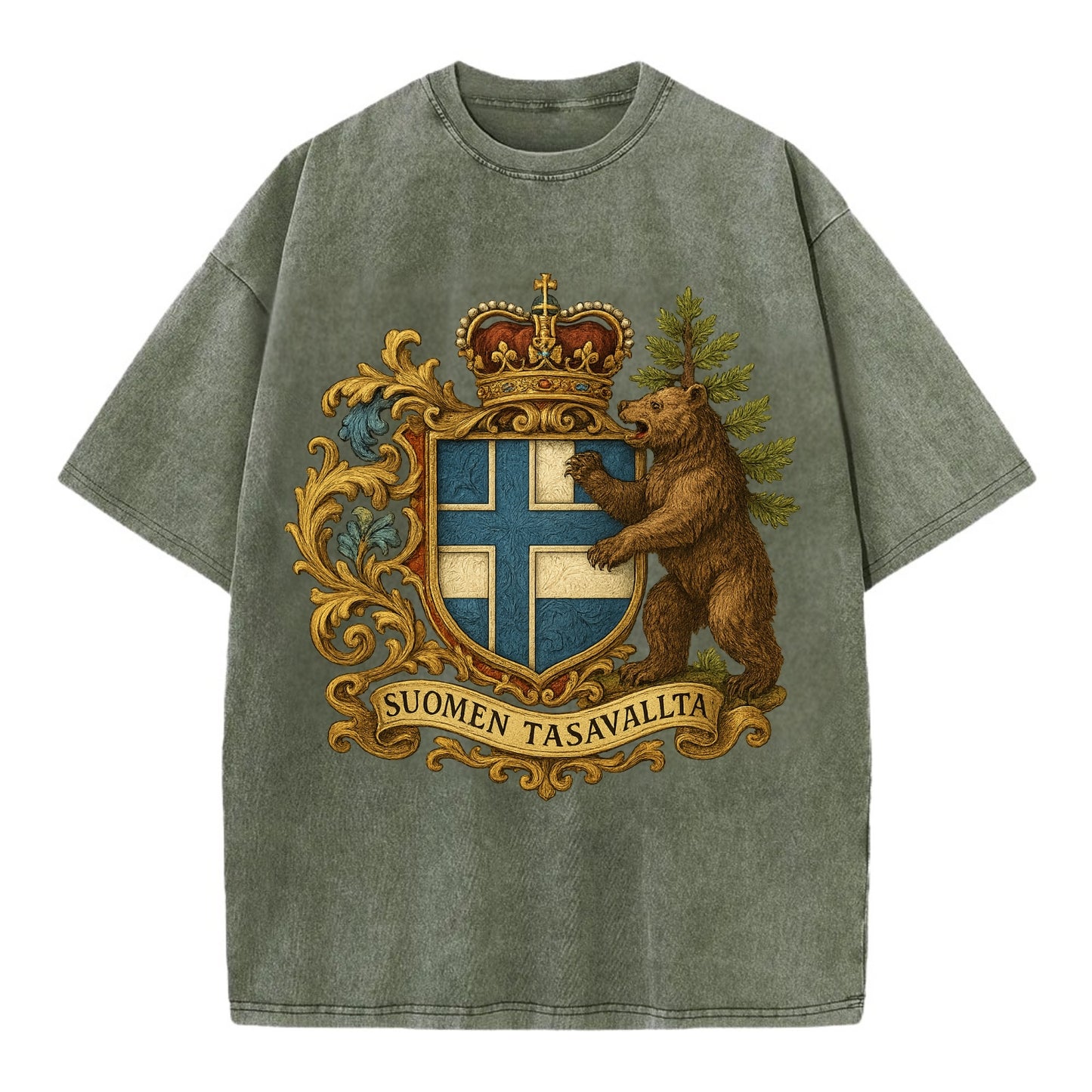 Finland Brown Bear Emblem  - Vintage T-shirt - Army Green