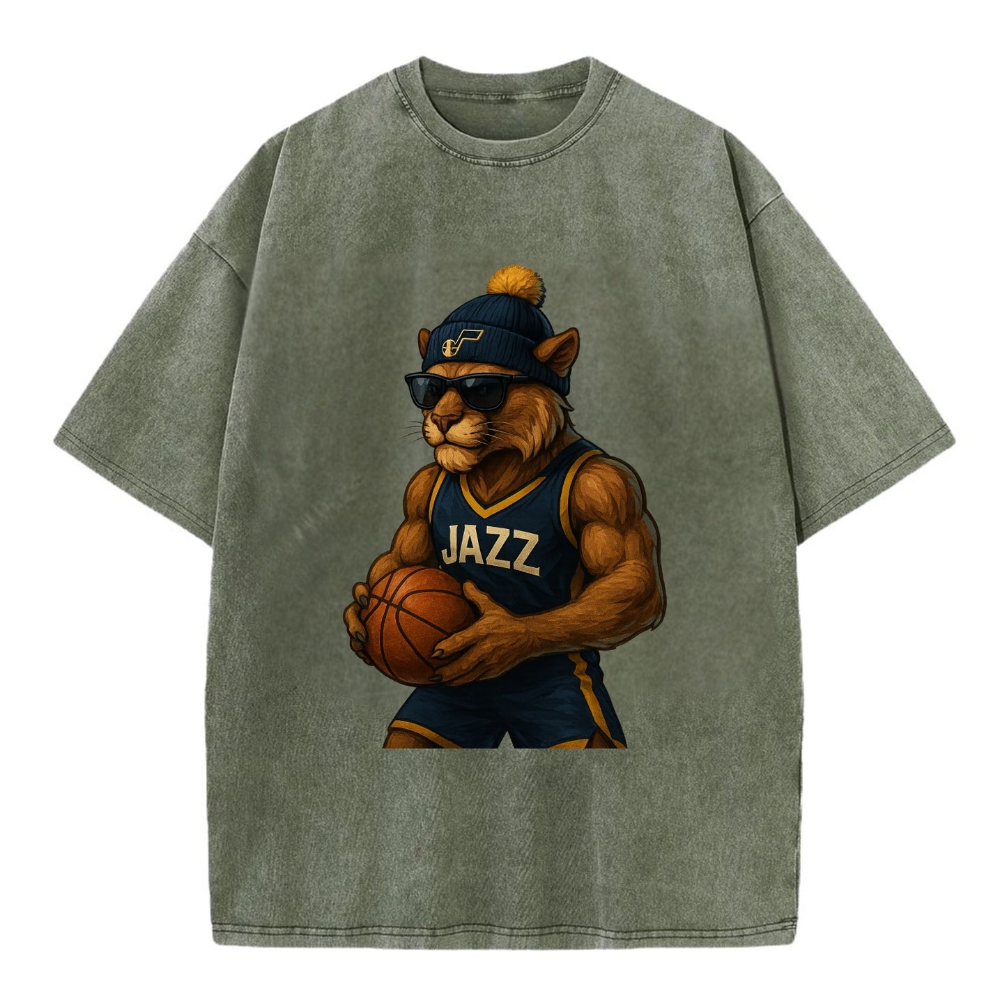Utah Mountain Lion wearing Jazz navy and yellow beanie with music note and - Vintage T-shirt - Army Green