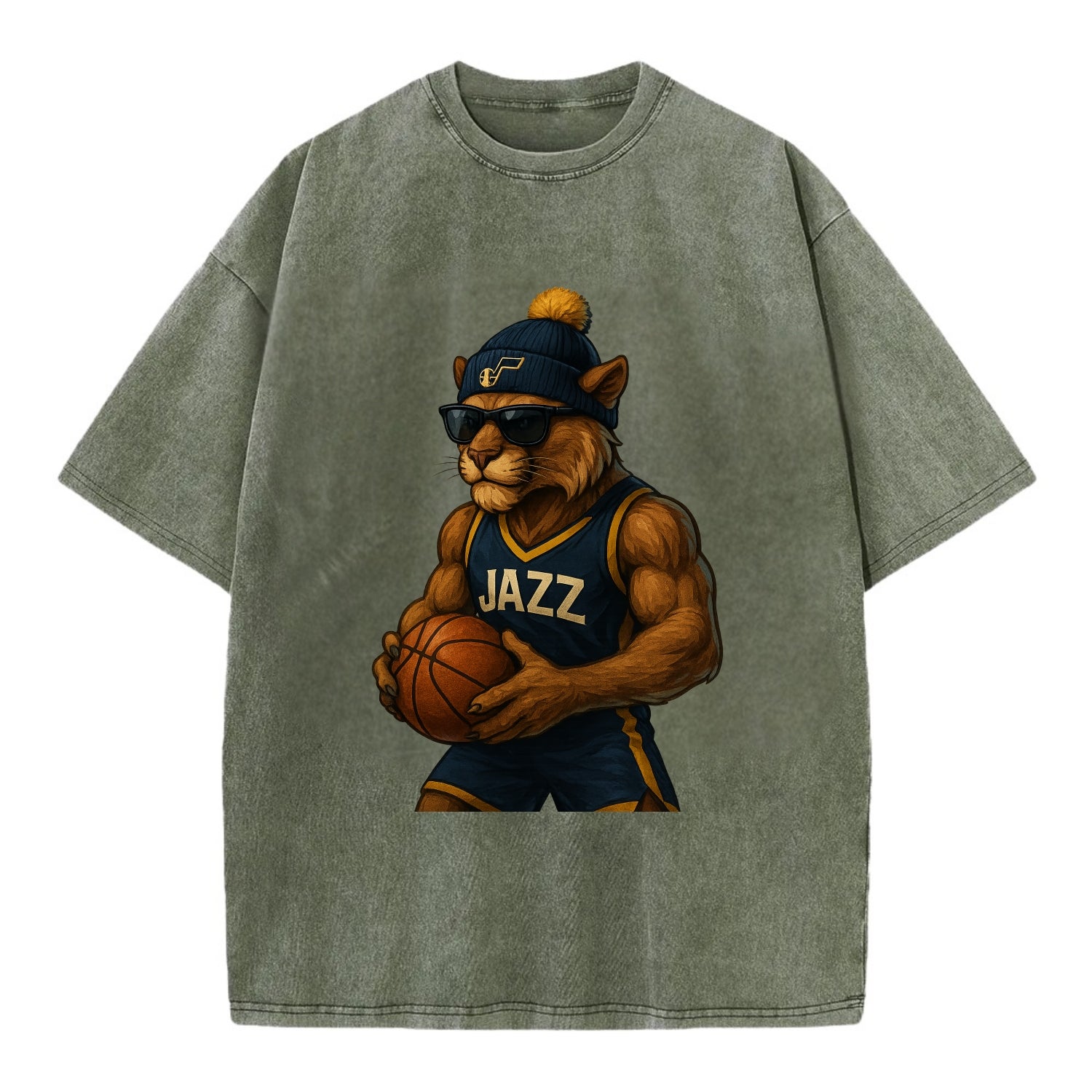 Utah Mountain Lion wearing Jazz navy and yellow beanie with music note and - Vintage T-shirt - Army Green