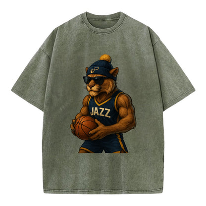 Utah Mountain Lion wearing Jazz navy and yellow beanie with music note and - Vintage T-shirt - Army Green