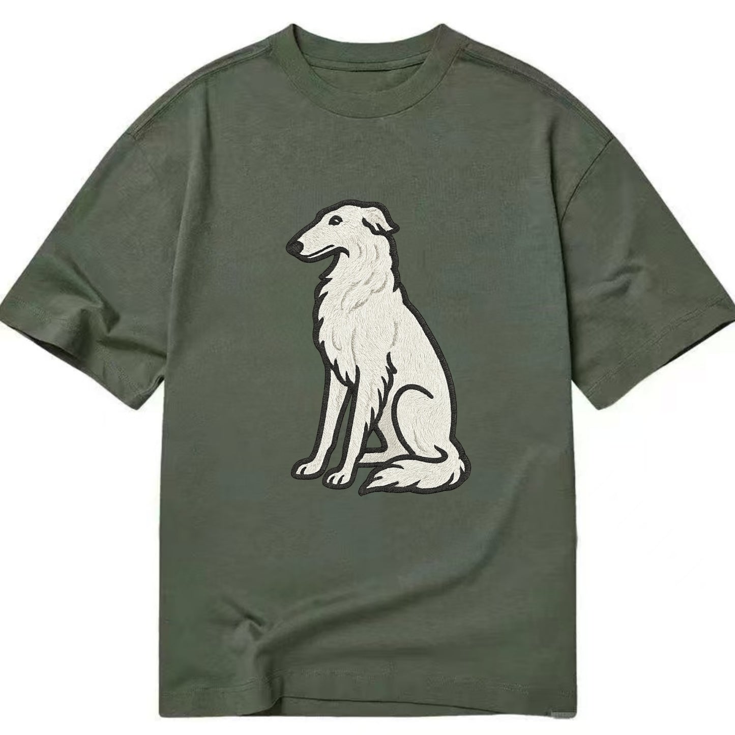 Borzoi - White embroidered sitting pose - Classic T-shirt - Army Green