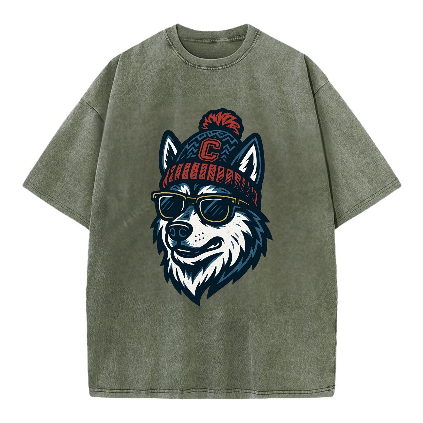 Storrs Husky wearing UConn beanie with C patch - Vintage T-shirt - Army Green