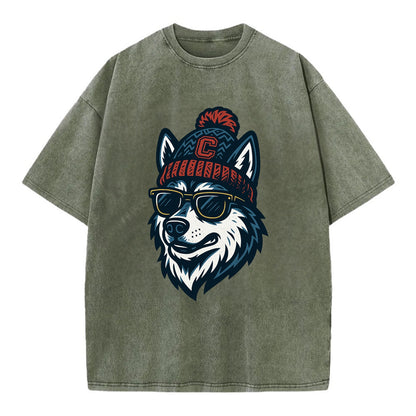 Storrs Husky wearing UConn beanie with C patch - Vintage T-shirt - Army Green