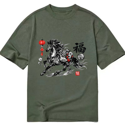 PROSPERITY HORSE | Horse carrying gold ingots and coins | Chinese knot - Classic T-shirt - Army Green