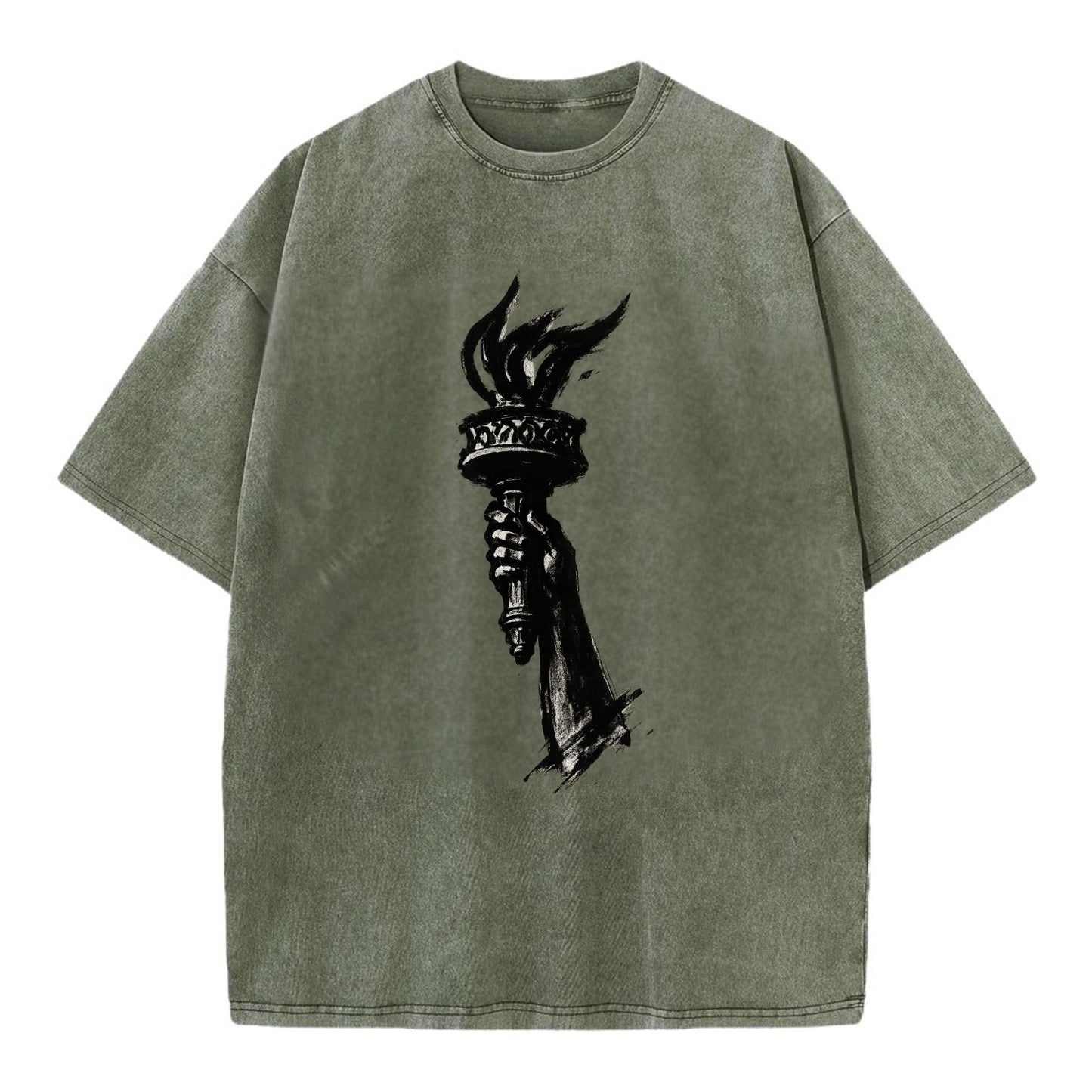 Statue of Liberty torch - freedom and democracy ink painting - Vintage T-shirt - Army Green