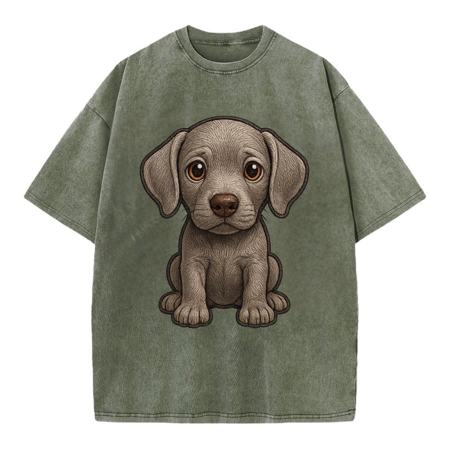 Baby Weimaraner Puppy - silver-gray coat, amber eyes, sleek body, front-facing, - Vintage T-shirt - Army Green