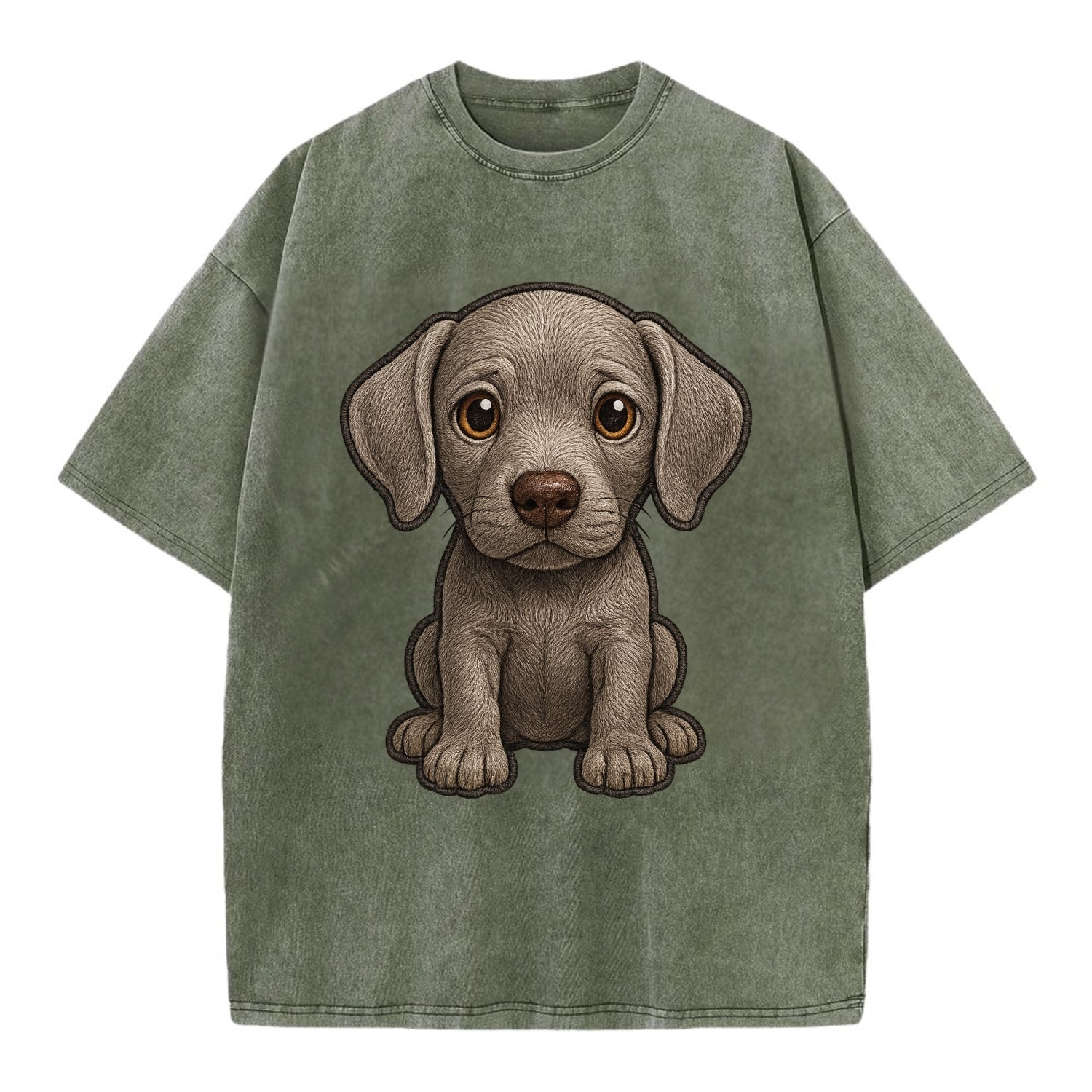 Baby Weimaraner Puppy - silver-gray coat, amber eyes, sleek body, front-facing, - Vintage T-shirt - Army Green