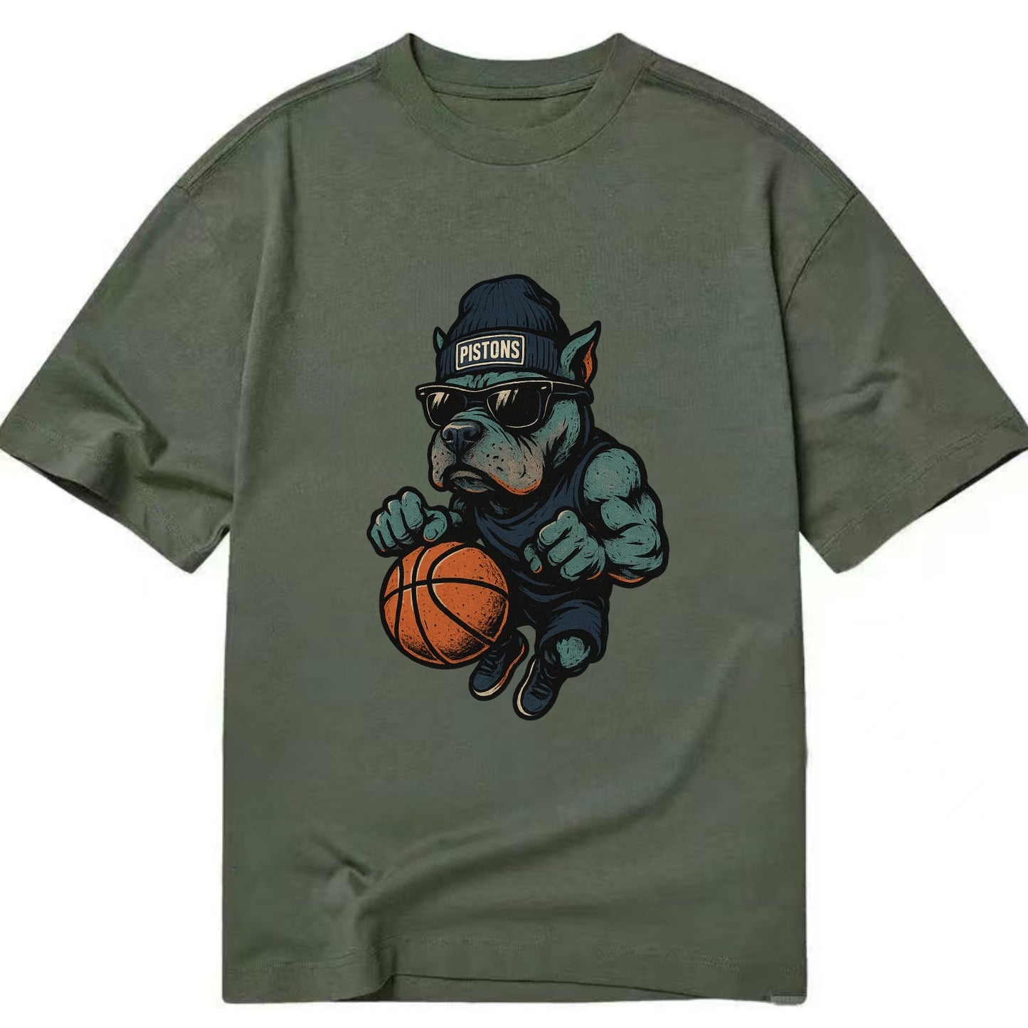 Detroit Pitbull wearing Pistons beanie with chrome patch and wayfarer sunglasses - Classic T-shirt - Army Green