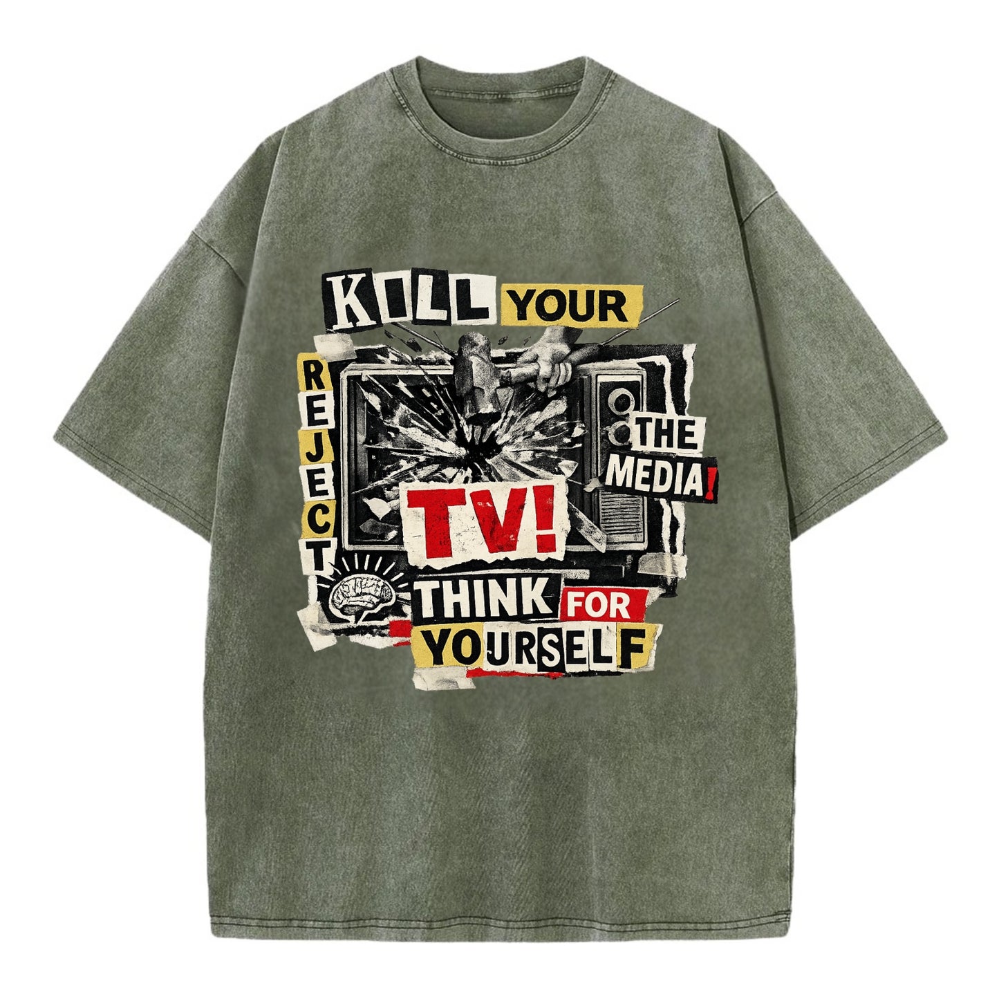 KILL YOUR TV | Smashed television | Reject media | Think for yourself | Analog - Vintage T-shirt - Army Green