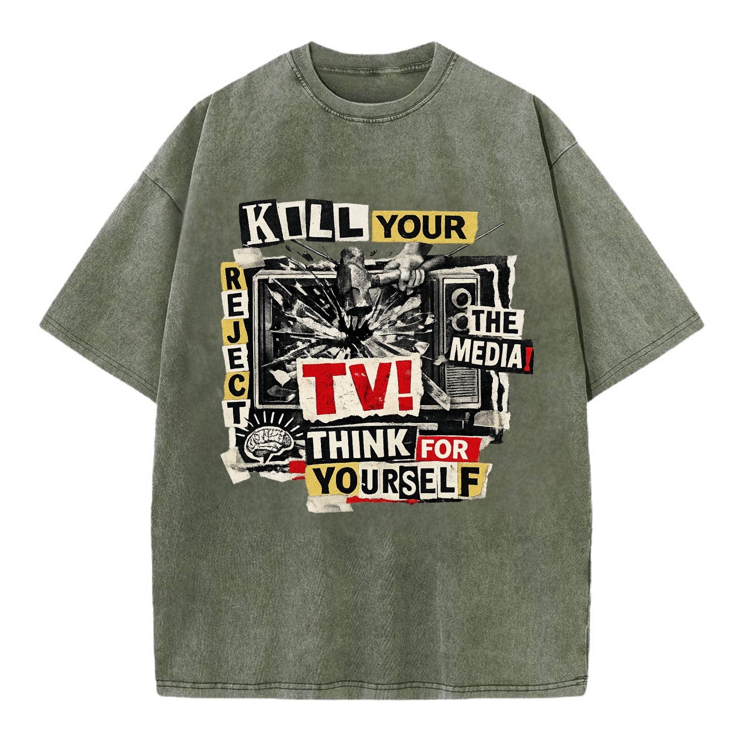 KILL YOUR TV | Smashed television | Reject media | Think for yourself | Analog - Vintage T-shirt - Army Green