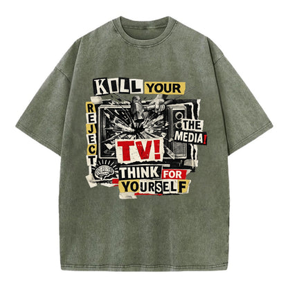 KILL YOUR TV | Smashed television | Reject media | Think for yourself | Analog - Vintage T-shirt - Army Green