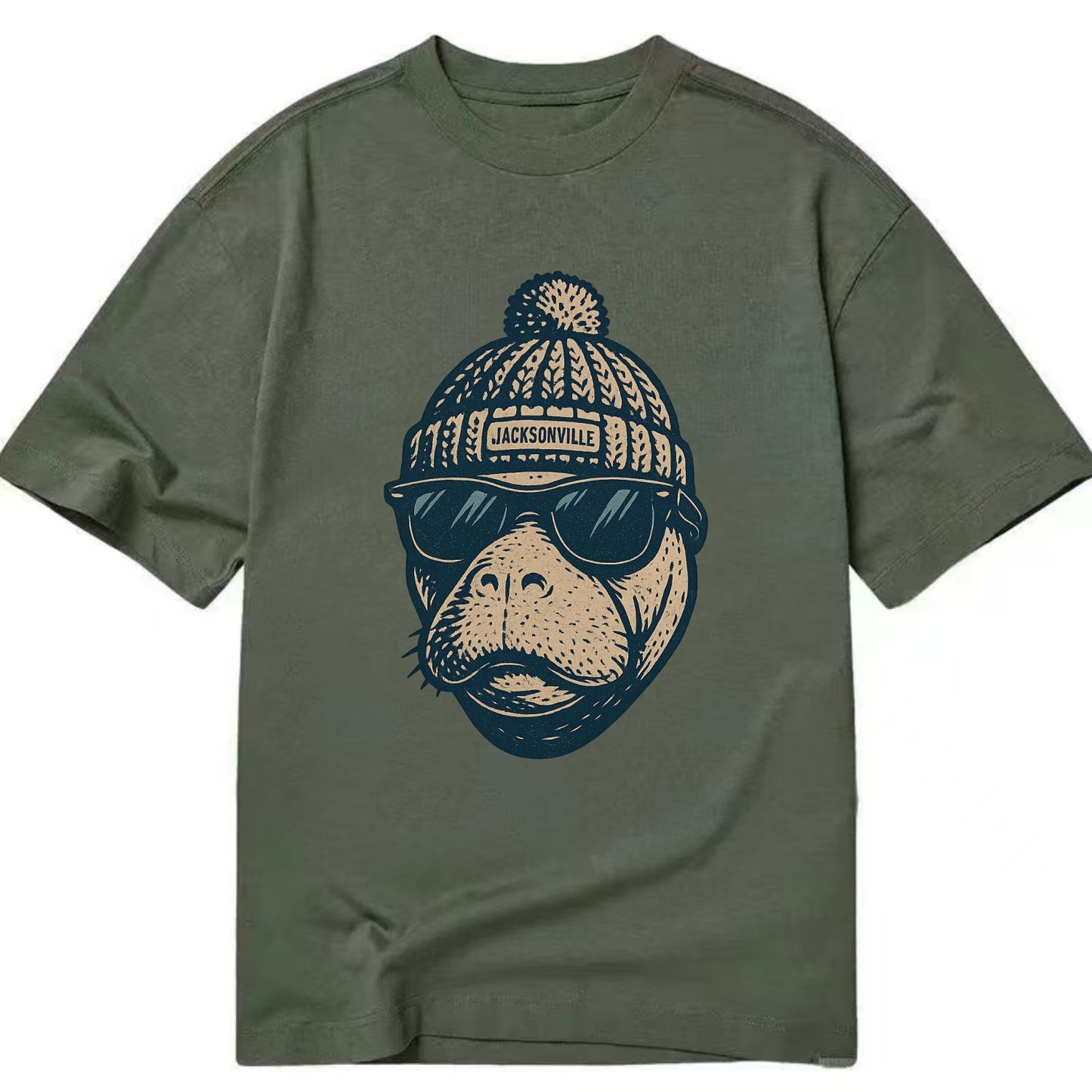 Jacksonville Manatee wearing Jacksonville beanie with pom pom and wayfarer - Classic T-shirt - Army Green