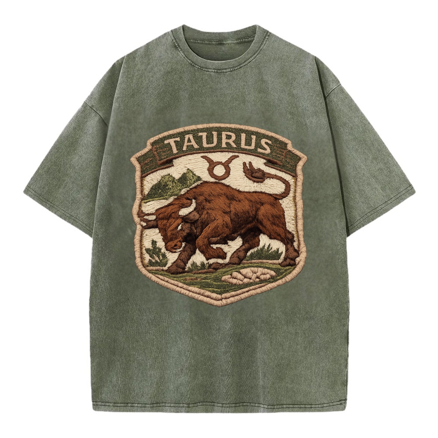 TAURUS BULL - strong bull in brown and green , earth sign - Vintage T-shirt - Army Green