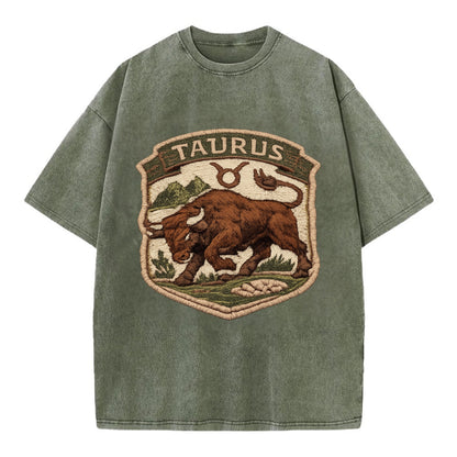 TAURUS BULL - strong bull in brown and green , earth sign - Vintage T-shirt - Army Green