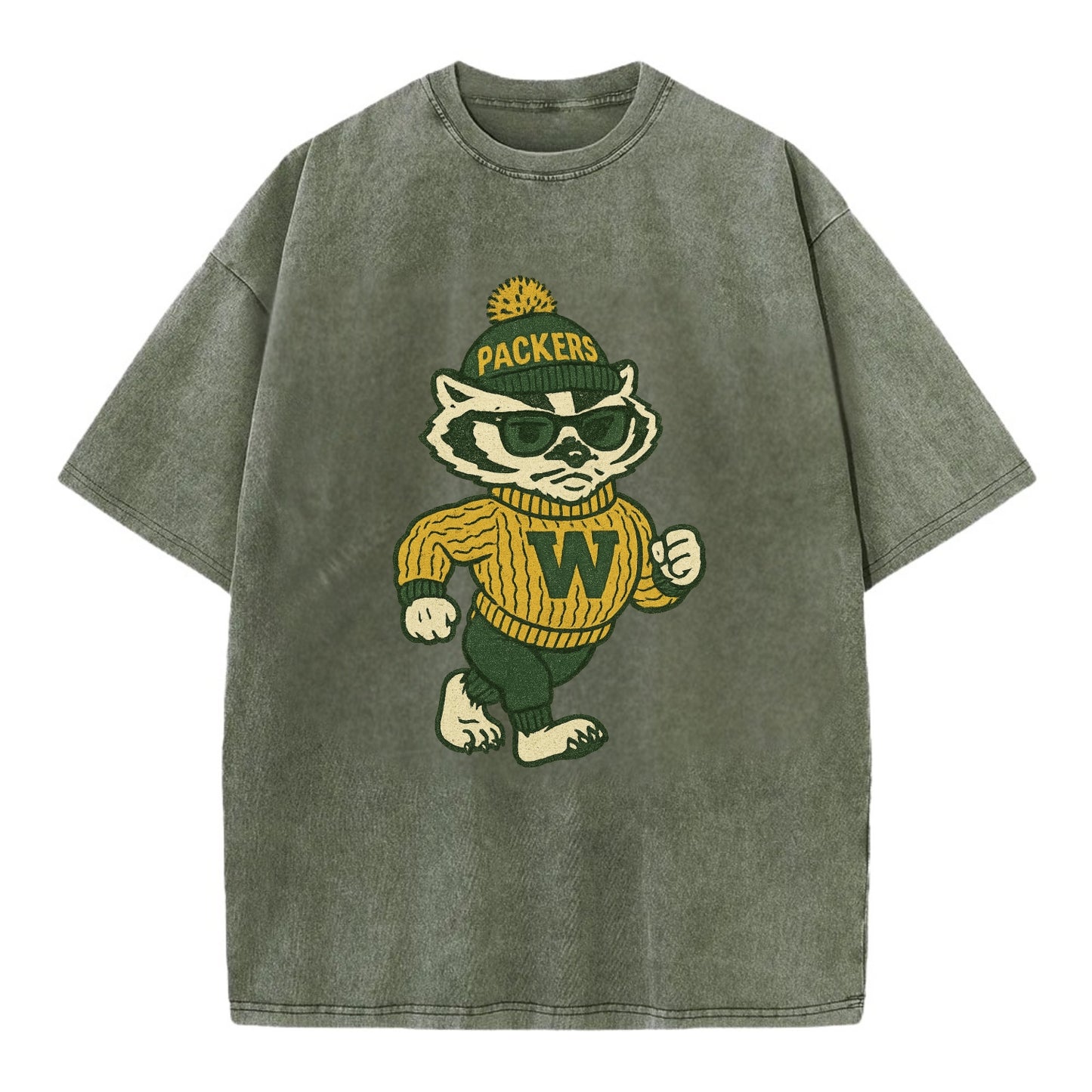 Wisconsin Badger wearing Packers green and gold beanie with pom pom and wayfarer - Vintage T-shirt - Army Green