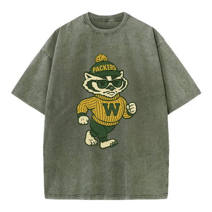 Wisconsin Badger wearing Packers green and gold beanie with pom pom and wayfarer - Vintage T-shirt - Army Green