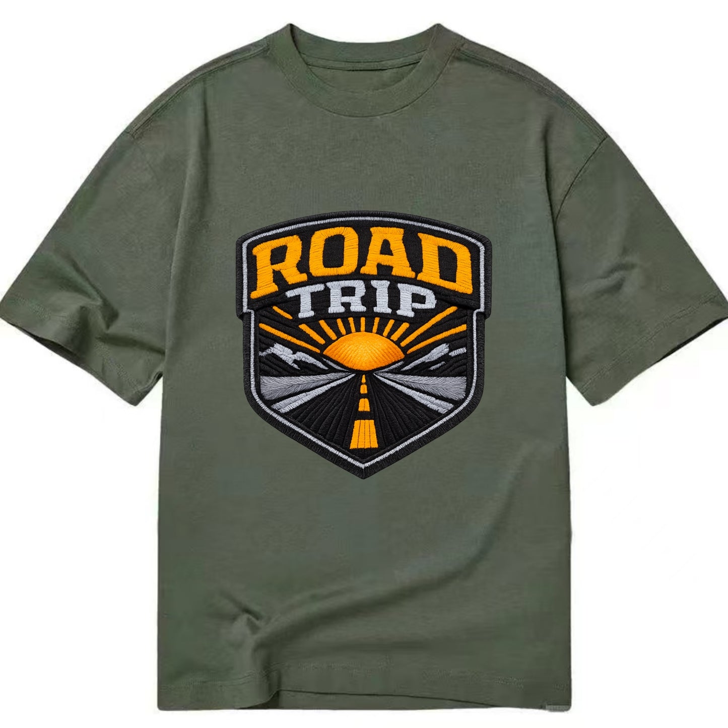 ROAD TRIP - highway and sun in orange and gray , open road - Classic T-shirt - Army Green
