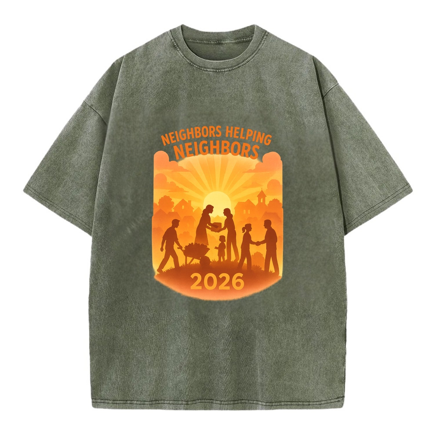 Local communities thriving with shared resources - "Neighbors Helping Neighbors" - Vintage T-shirt - Army Green