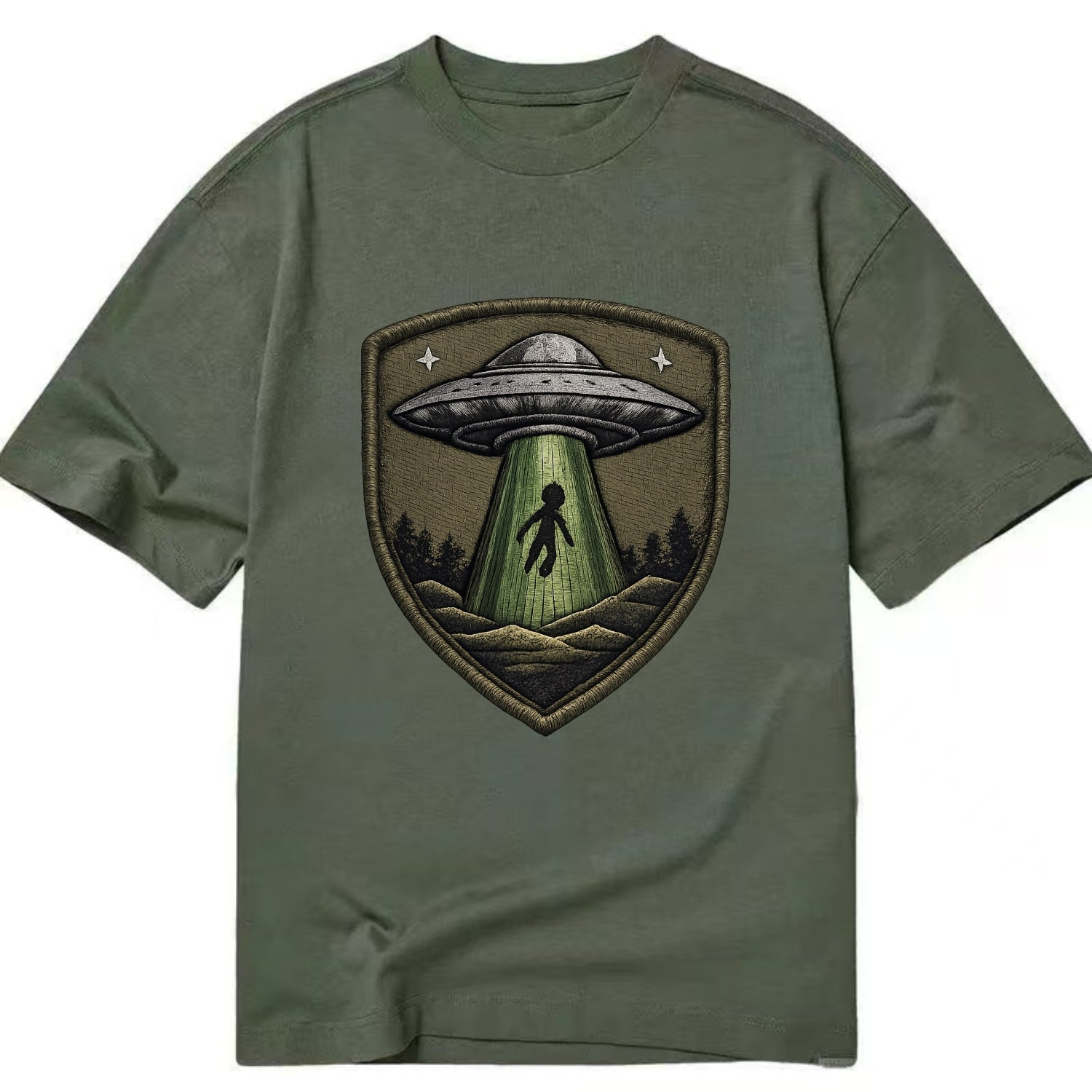 UFO ALIEN - flying saucer with beam in silver and green , extraterrestrial - Classic T-shirt - Army Green